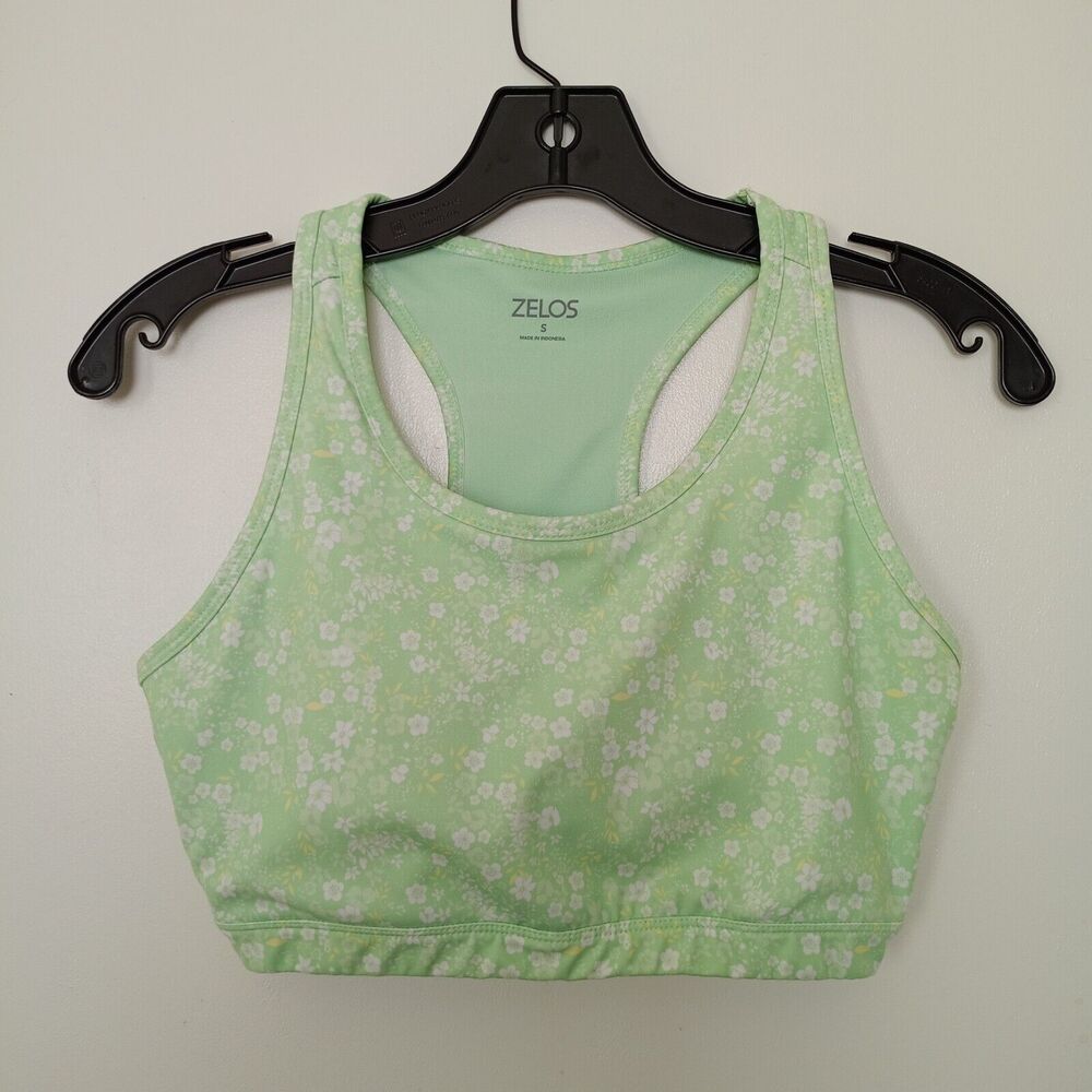 Zelos Sports Bra Green Pullover Floral Print Gym Workout Size Small